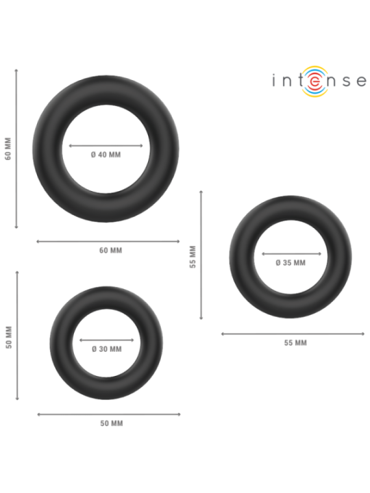 INTENSE - HUGH 3 ANNEAUX PÉNIS BASIQUES EN SILICONE NOIRS
