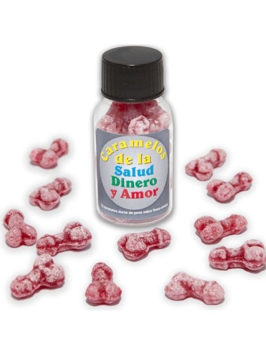 DIABLO PICANTE - 12 BONBONS SANTÉ-ARGENT-AMOUR FORME DE PÉNIS FRAISE/CERISE