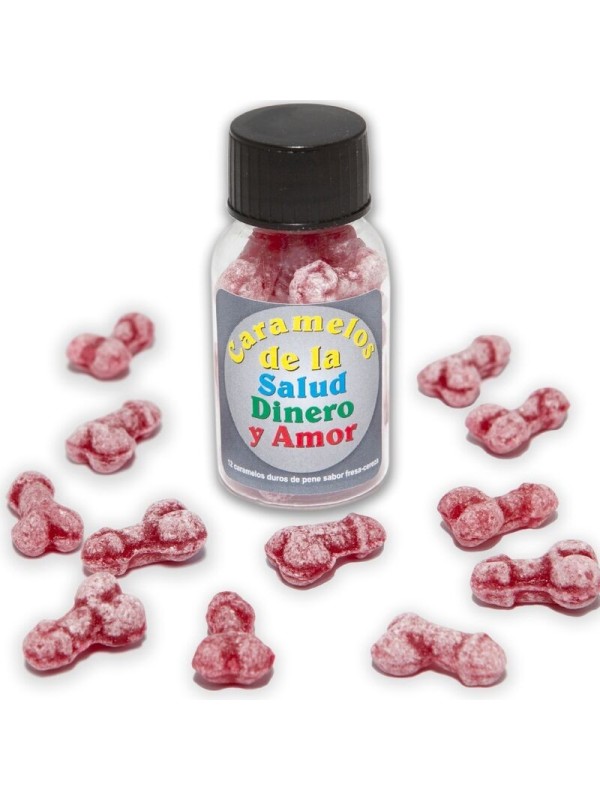 DIABLO PICANTE - 12 BONBONS SANTÉ-ARGENT-AMOUR FORME DE PÉNIS FRAISE/CERISE