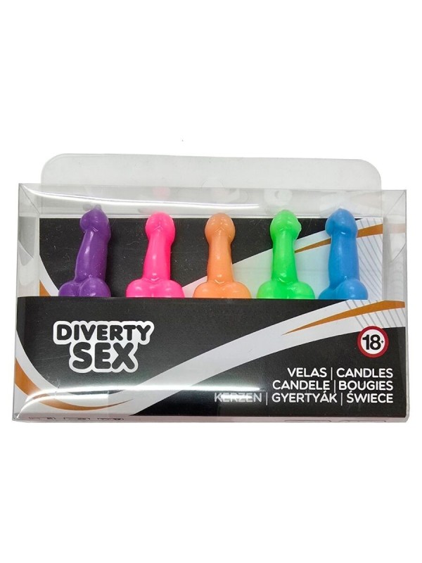 DIABLO PICANTE - BOÎTE DE 5 BOUGIES EN FORME DE PÉNIS DE DIFFÉRENTES COULEURS