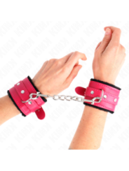KINK - APPUI-POIGNETS DOUBLÉS DE FOURRURE PREMIUM NOIR AVEC CEINTURE ROSE FRAMBOISE AJUSTABLE 17-29 CM X 6 CM