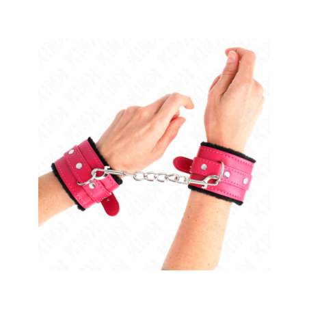 KINK - APPUI-POIGNETS DOUBLÉS DE FOURRURE PREMIUM NOIR AVEC CEINTURE ROSE FRAMBOISE AJUSTABLE 17-29 CM X 6 CM