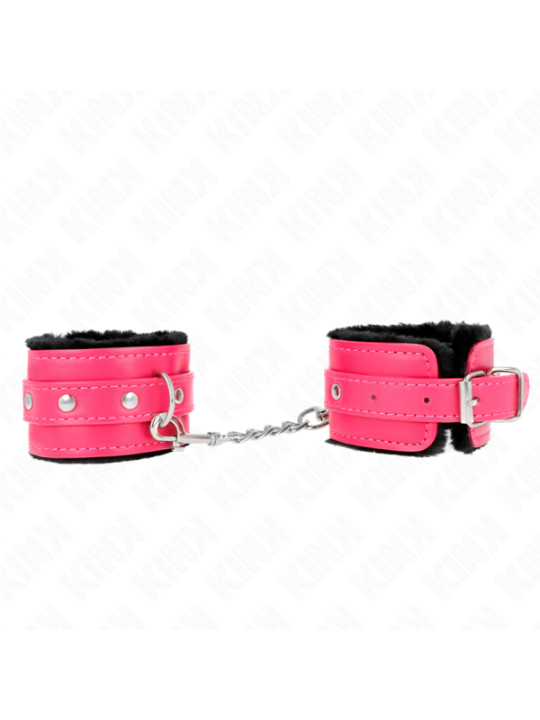 KINK - APPUI-POIGNETS DOUBLÉS DE FOURRURE PREMIUM NOIR AVEC CEINTURE ROSE FRAMBOISE AJUSTABLE 17-29 CM X 6 CM