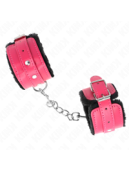 KINK - APPUI-POIGNETS DOUBLÉS DE FOURRURE PREMIUM NOIR AVEC CEINTURE ROSE FRAMBOISE AJUSTABLE 17-29 CM X 6 CM