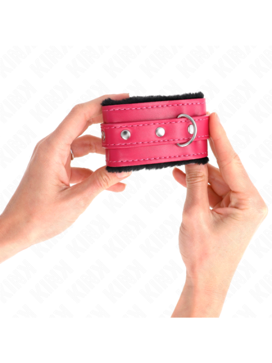 KINK - APPUI-POIGNETS DOUBLÉS DE FOURRURE PREMIUM NOIR AVEC CEINTURE ROSE FRAMBOISE AJUSTABLE 17-29 CM X 6 CM