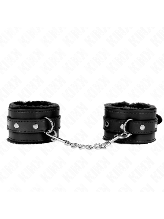 KINK - APPUI-POIGNETS DOUBLÉS DE FOURRURE PREMIUM NOIR AVEC CEINTURE NOIRE RÉGLABLE 17-29 CM X 6 CM