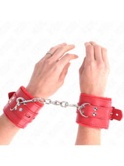KINK - APPUI-POIGNETS DOUBLÉS DE FOURRURE AVEC TROUS CARRÉS ROUGE ET CEINTURE ROUGE RÉGLABLE 17-29 CM X 6 CM