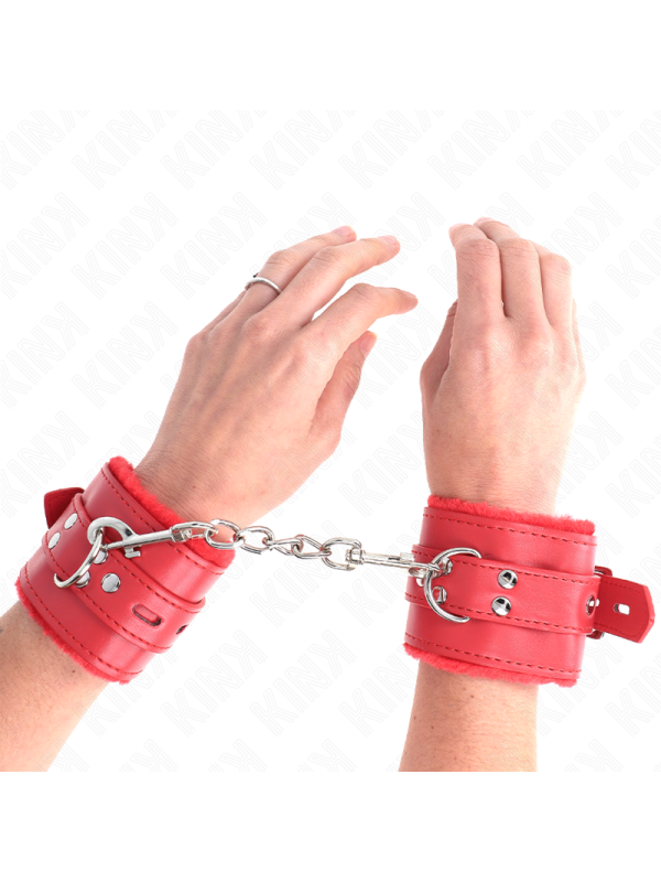 KINK - APPUI-POIGNETS DOUBLÉS DE FOURRURE AVEC TROUS CARRÉS ROUGE ET CEINTURE ROUGE RÉGLABLE 17-29 CM X 6 CM