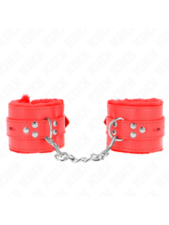 KINK - APPUI-POIGNETS DOUBLÉS DE FOURRURE AVEC TROUS CARRÉS ROUGE ET CEINTURE ROUGE RÉGLABLE 17-29 CM X 6 CM
