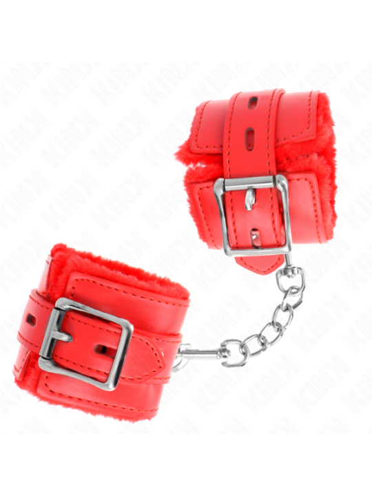 KINK - APPUI-POIGNETS DOUBLÉS DE FOURRURE AVEC TROUS CARRÉS ROUGE ET CEINTURE ROUGE RÉGLABLE 17-29 CM X 6 CM