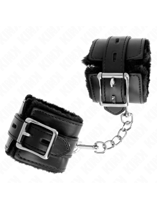 KINK - APPUI-POIGNETS DOUBLÉS DE FOURRURE AVEC TROUS CARRÉS NOIR ET CEINTURE NOIRE RÉGLABLE 17-29 CM X 6 CM