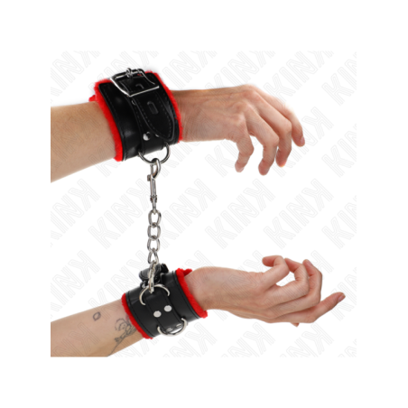 KINK - APPUI-POIGNETS DOUBLÉS DE FOURRURE AVEC TROUS CARRÉS CEINTURE ROUGE ET NOIRE RÉGLABLE 17-29 CM X 6 CM