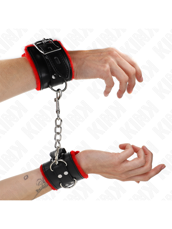 KINK - APPUI-POIGNETS DOUBLÉS DE FOURRURE AVEC TROUS CARRÉS CEINTURE ROUGE ET NOIRE RÉGLABLE 17-29 CM X 6 CM