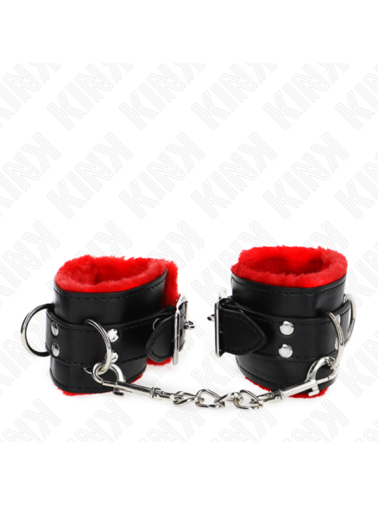 KINK - APPUI-POIGNETS DOUBLÉS DE FOURRURE AVEC TROUS CARRÉS CEINTURE ROUGE ET NOIRE RÉGLABLE 17-29 CM X 6 CM