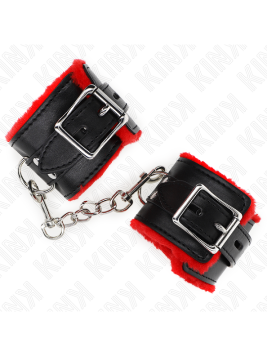 KINK - APPUI-POIGNETS DOUBLÉS DE FOURRURE AVEC TROUS CARRÉS CEINTURE ROUGE ET NOIRE RÉGLABLE 17-29 CM X 6 CM