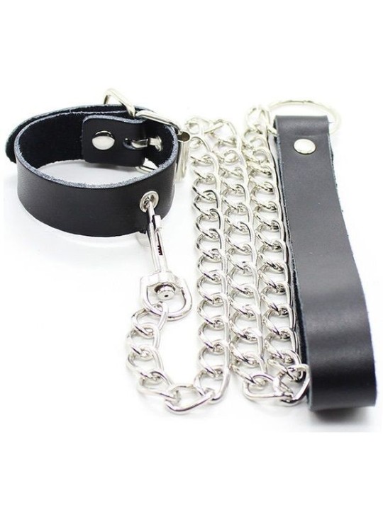 OHMAMA FETISH - COLLIER PÉNIS ET BRACELET EN CUIR AVEC CHAÎNE MÉTALLIQUE