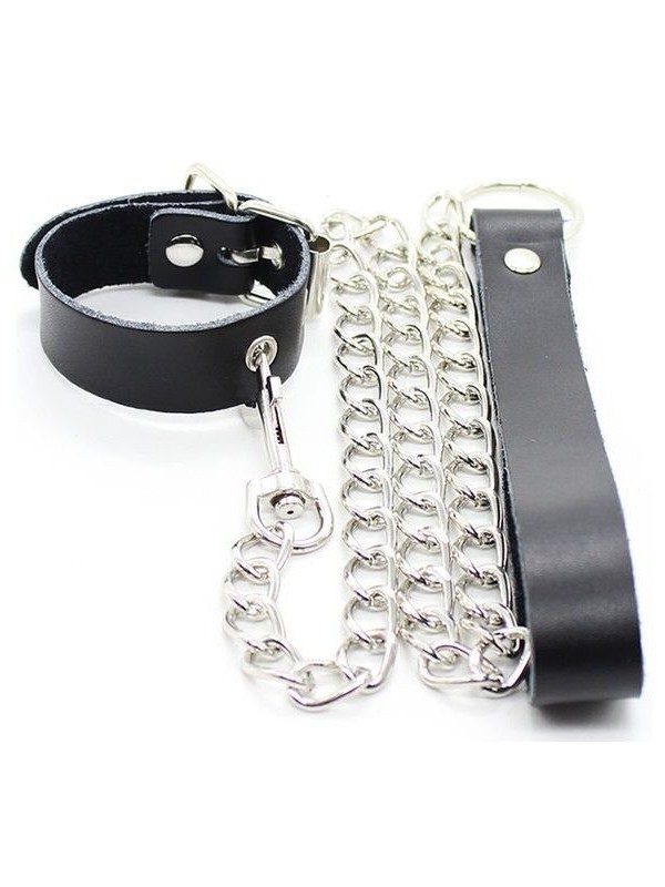 OHMAMA FETISH - COLLIER PÉNIS ET BRACELET EN CUIR AVEC CHAÎNE MÉTALLIQUE