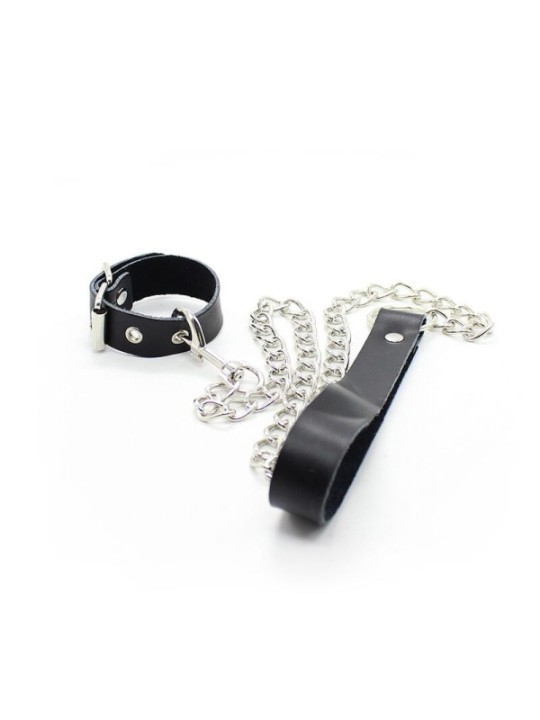 OHMAMA FETISH - COLLIER PÉNIS ET BRACELET EN CUIR AVEC CHAÎNE MÉTALLIQUE