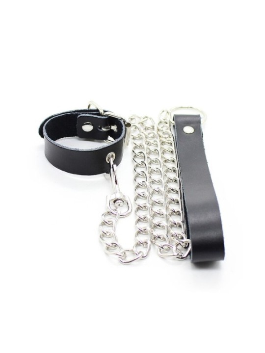 OHMAMA FETISH - COLLIER PÉNIS ET BRACELET EN CUIR AVEC CHAÎNE MÉTALLIQUE