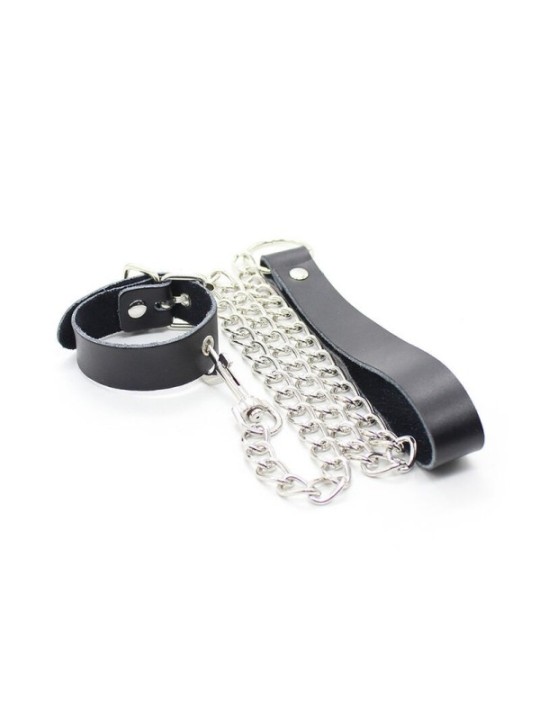 OHMAMA FETISH - COLLIER PÉNIS ET BRACELET EN CUIR AVEC CHAÎNE MÉTALLIQUE