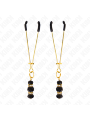 KINK - PINCES À TETON FINES OR AVEC 3 BILLES DE VERRE NOIR 7 CM