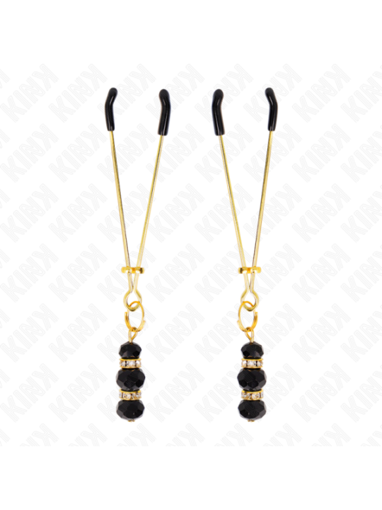 KINK - PINCES À TETON FINES OR AVEC 3 BILLES DE VERRE NOIR 7 CM