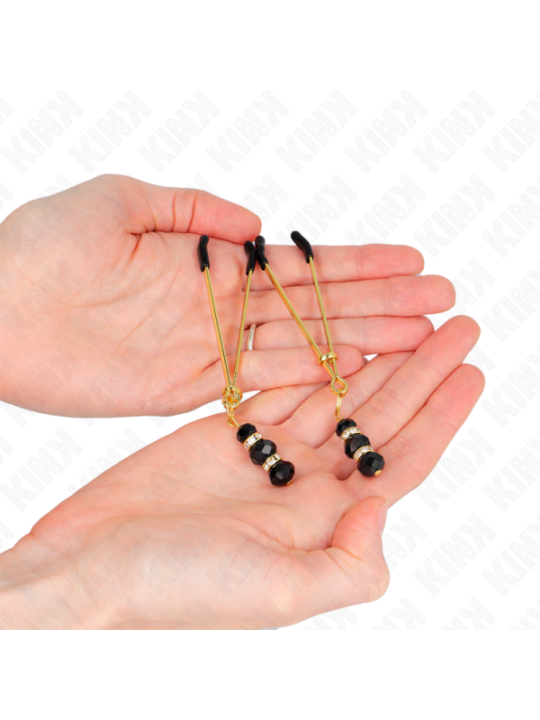 KINK - PINCES À TETON FINES OR AVEC 3 BILLES DE VERRE NOIR 7 CM