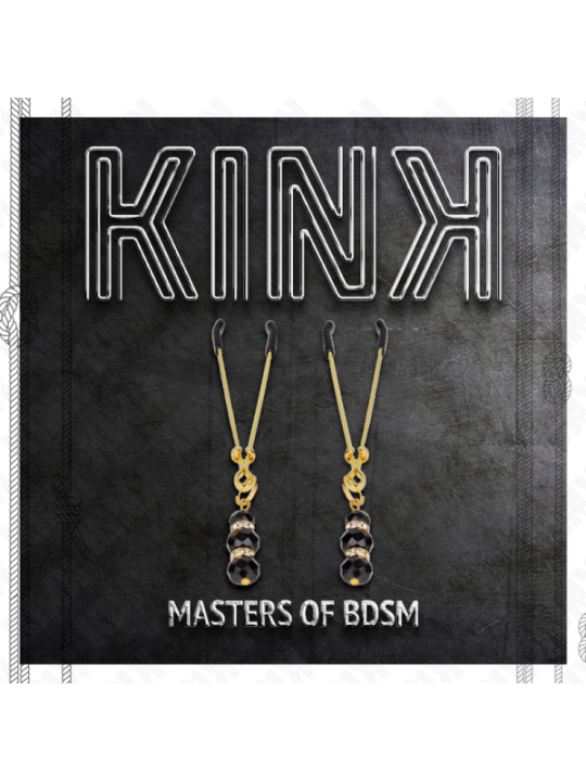 KINK - PINCES À TETON FINES OR AVEC 3 BILLES DE VERRE NOIR 7 CM