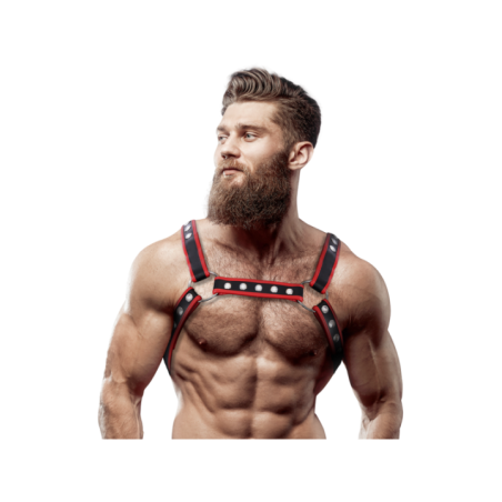 FETISH SUBMISSIVE ATTITUDE - HARNAIS DE POITRINE BULLDOG EN CUIR ÉCOLOGIQUE POUR HOMMES NOIR/ROUGE