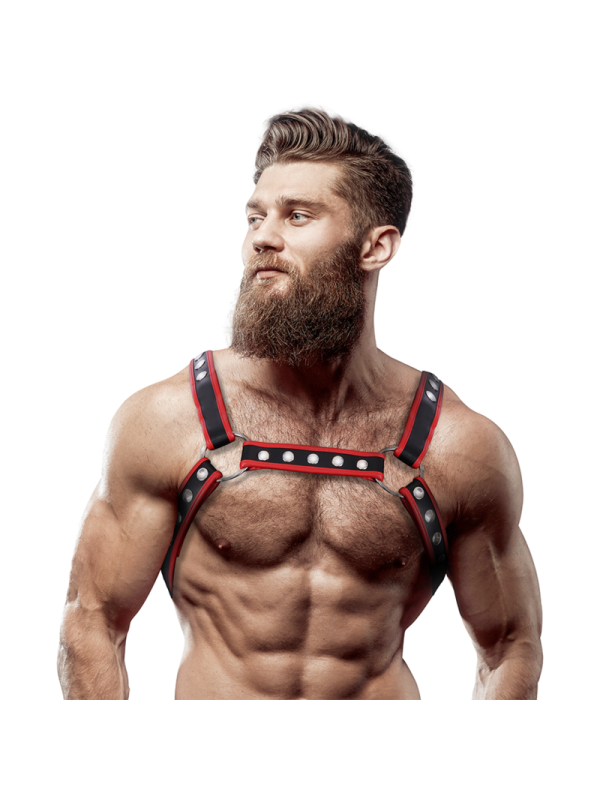 FETISH SUBMISSIVE ATTITUDE - HARNAIS DE POITRINE BULLDOG EN CUIR ÉCOLOGIQUE POUR HOMMES NOIR/ROUGE