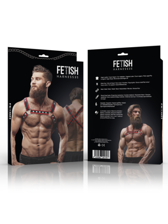 FETISH SUBMISSIVE ATTITUDE - HARNAIS DE POITRINE BULLDOG EN CUIR ÉCOLOGIQUE POUR HOMMES NOIR/ROUGE