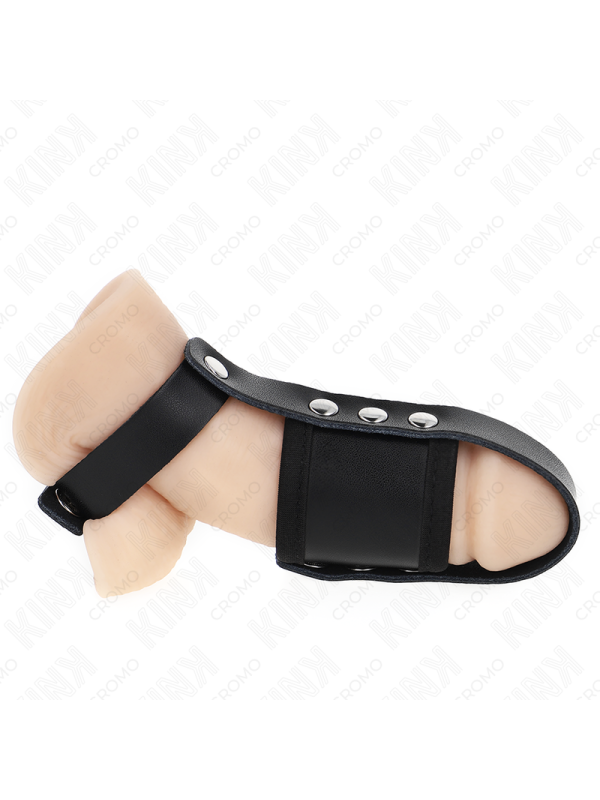 KINK - ANNEAU DE CAGE À PÉNIS EN CUIR AVEC SANGLE RÉGLABLE DE SÉPARATION DES BALLES REVÊTUEUSE
