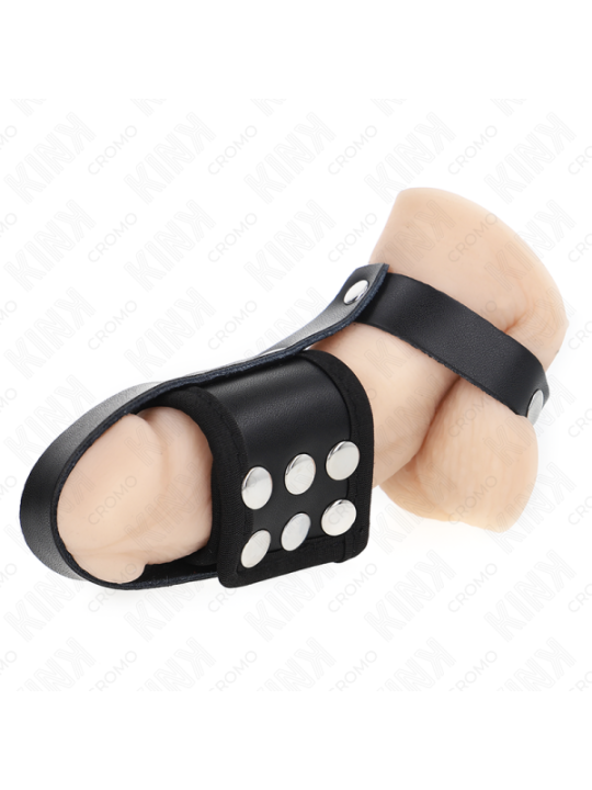 KINK - ANNEAU DE CAGE À PÉNIS EN CUIR AVEC SANGLE RÉGLABLE DE SÉPARATION DES BALLES REVÊTUEUSE