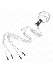 KINK - ANNEAU PÉNIS EN MÉTAL TRIPLE CHROME 3 CM À 4,5 CM AVEC CHAÎNE EN MÉTAL DE 26 CM ET PINCES À TÉTONS