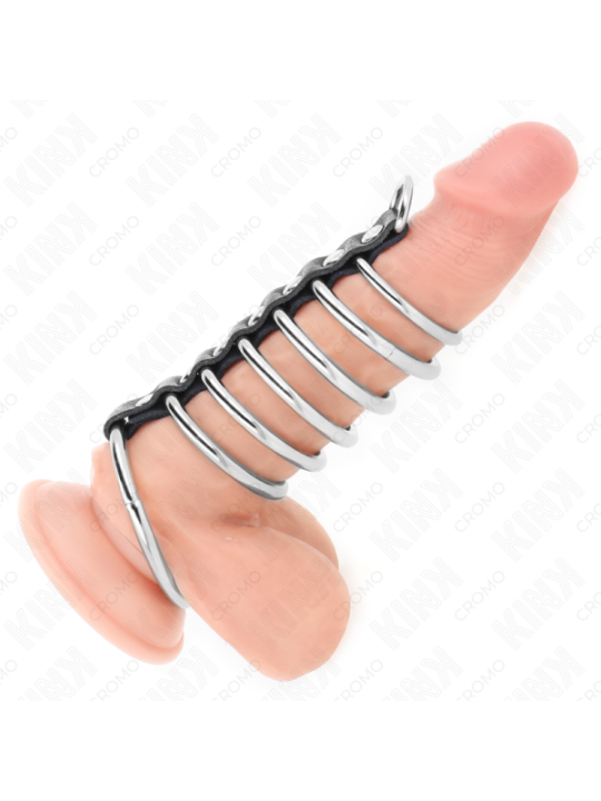 KINK - 7 ANNEAUX PÉNIS EN MÉTAL DE 3,2 CM À 5 CM CONNECTÉS PAR DU CUIR