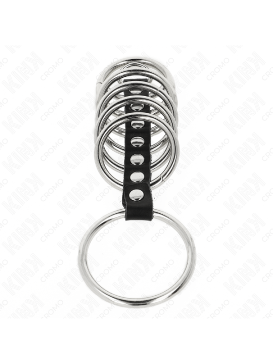 KINK - 7 ANNEAUX PÉNIS EN MÉTAL DE 3,2 CM À 5 CM CONNECTÉS PAR DU CUIR