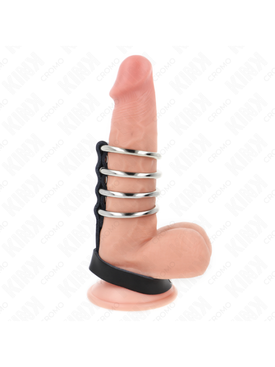 KINK - 4 ANNEAUX PÉNIS EN MÉTAL 3,8 CM CONNECTÉS AVEC SANGLE EN CUIR 22 X 1,5 CM ET FERMETURE À PRESSION