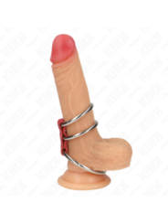 KINK - ANNEAU PÉNIS TRIPLE MÉTAL 3,7 CM À 5 CM CONNECTÉ AVEC DU CUIR ROUGE