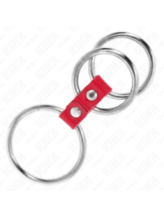 KINK - ANNEAU PÉNIS TRIPLE MÉTAL 3,7 CM À 5 CM CONNECTÉ AVEC DU CUIR ROUGE