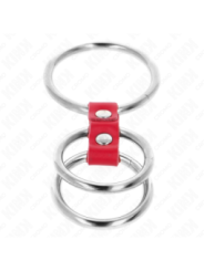 KINK - ANNEAU PÉNIS TRIPLE MÉTAL 3,7 CM À 5 CM CONNECTÉ AVEC DU CUIR ROUGE