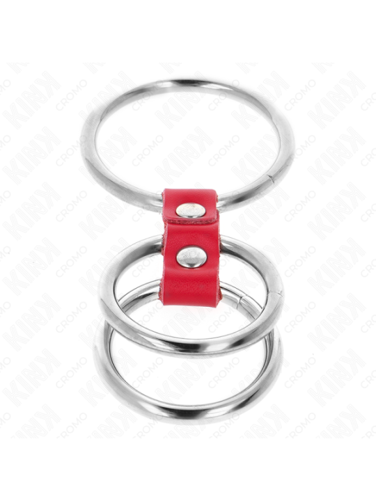 KINK - ANNEAU PÉNIS TRIPLE MÉTAL 3,7 CM À 5 CM CONNECTÉ AVEC DU CUIR ROUGE