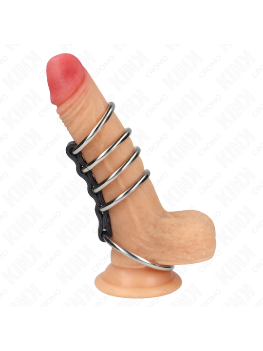 KINK - 5 ANNEAUX PÉNIS DE 3,7 CM À 5 CM EN MÉTAL RELIES PAR DU CUIR