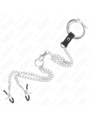 KINK - ANNEAU PÉNIS EN MÉTAL TRIPLE CHROME 3,8 CM À 5 CM AVEC CHAÎNE EN MÉTAL DE 26 CM ET PINCES À TÉTONS MODÈLE 1