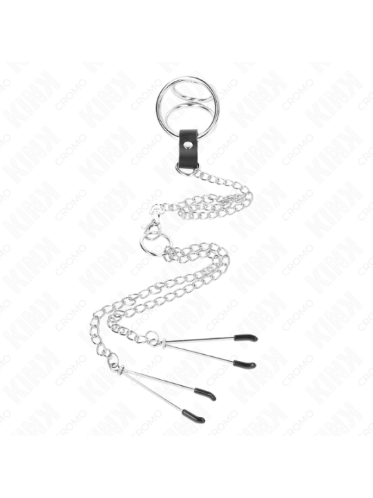 KINK - ANNEAU PÉNIS EN MÉTAL TRIPLE CHROME 3,8 CM À 5 CM AVEC CHAÎNE EN MÉTAL DE 26 CM ET PINCES À TÉTONS MODÈLE 2