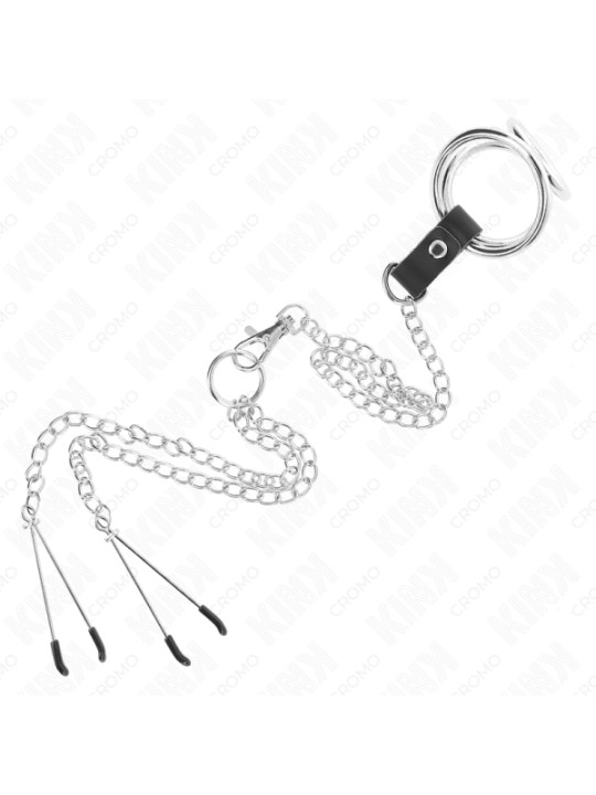 KINK - ANNEAU PÉNIS EN MÉTAL TRIPLE CHROME 3,8 CM À 5 CM AVEC CHAÎNE EN MÉTAL DE 26 CM ET PINCES À TÉTONS MODÈLE 2