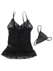 SUBBLIME - BABYDOLL  BRETELLES RÉGLABLES ET DENTELLE TRANSPARENTE IMPRIMÉ FLORAL NOIR S/M