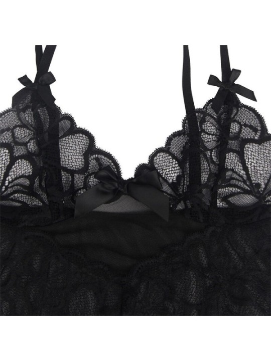 SUBBLIME - BABYDOLL  BRETELLES RÉGLABLES ET DENTELLE TRANSPARENTE IMPRIMÉ FLORAL NOIR S/M