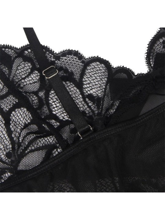 SUBBLIME - BABYDOLL  BRETELLES RÉGLABLES ET DENTELLE TRANSPARENTE IMPRIMÉ FLORAL NOIR S/M
