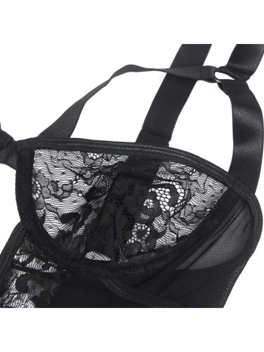 SUBBLIME - TEDDY AVEC JARRETIÈRE AVEC DÉTAIL DENTELLE ET BANDES NOIR L/XL