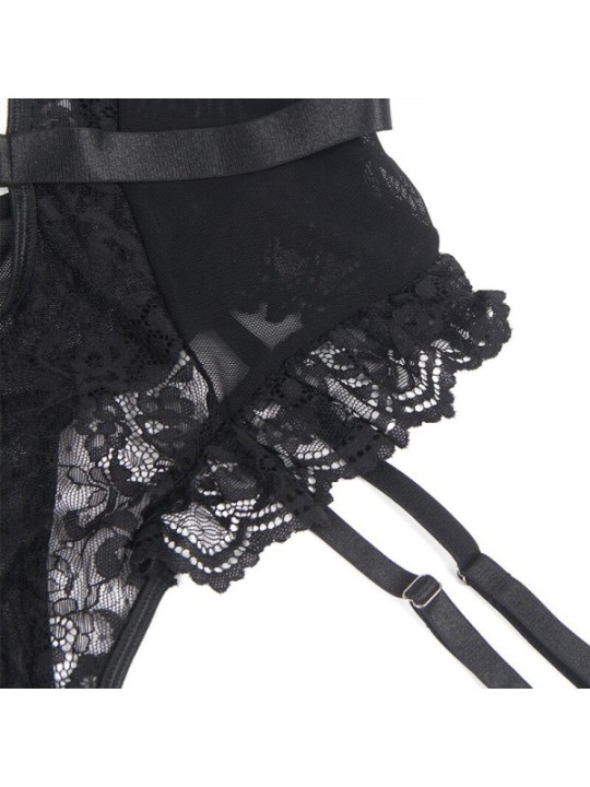 SUBBLIME - TEDDY AVEC JARRETIÈRE AVEC DÉTAIL DENTELLE ET BANDES NOIR L/XL